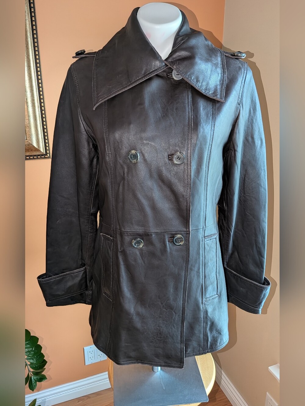 Calvin Klein Women's Black Leather Double-Breasted Coat Size L